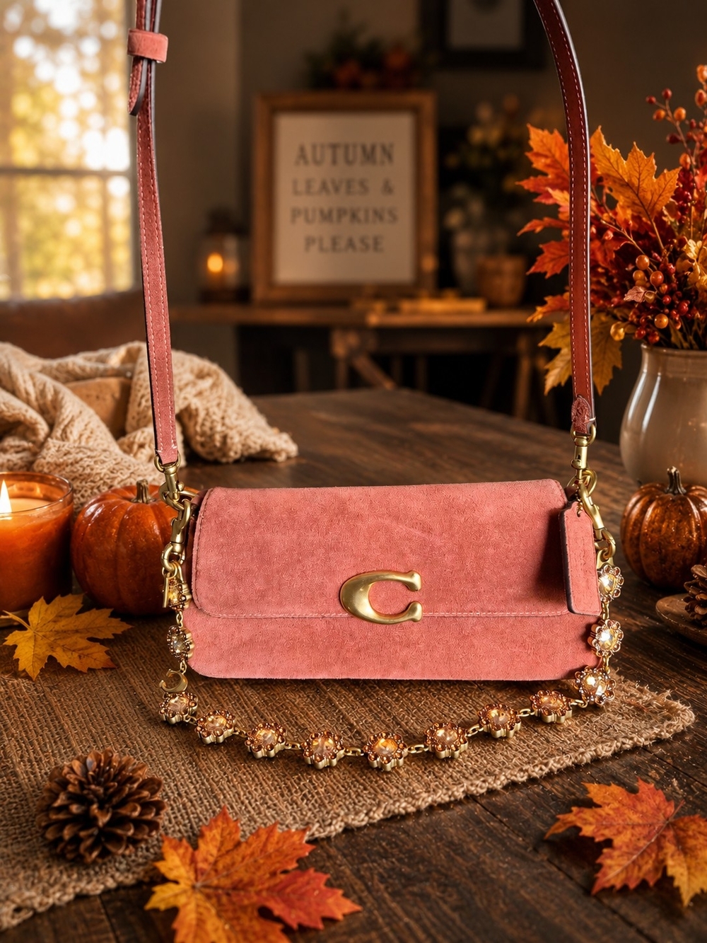 NWT Coach Pink Suede Shoulder Bag with Decorative Chain